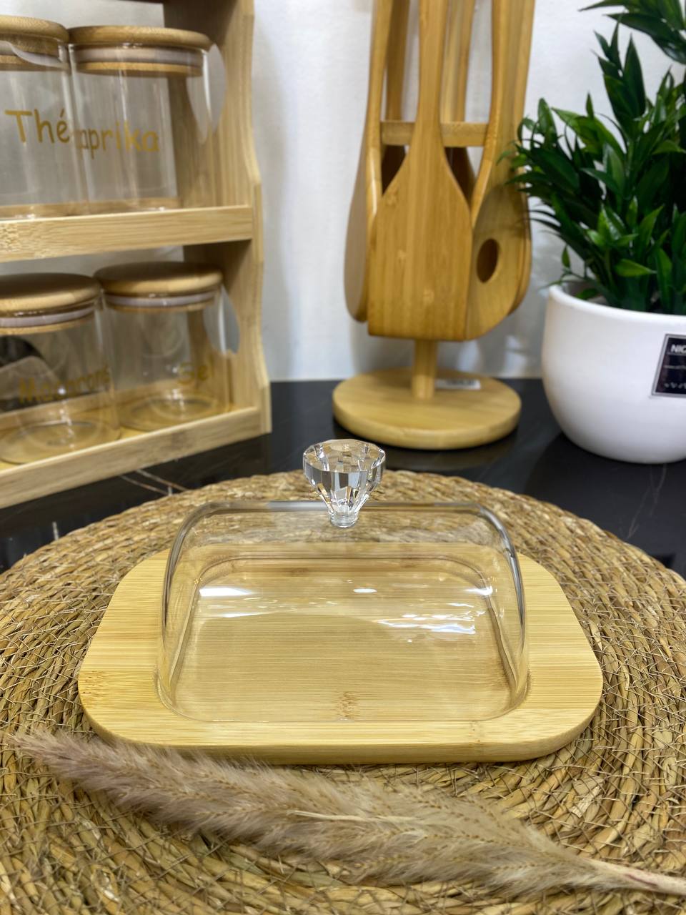 Porte beurre en verre et bamboo